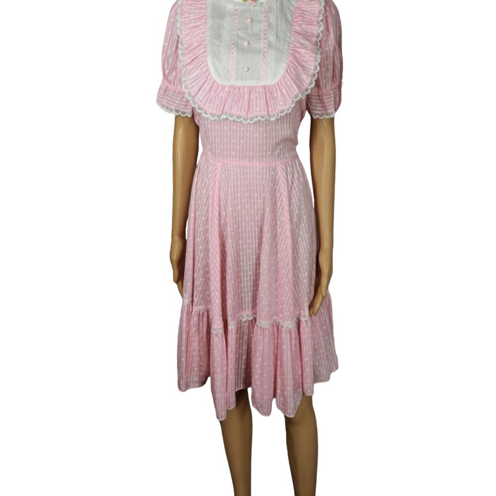 50s Jeri Bee Pink Layered Ruffle Short Swing Square Dance Fit Flare Dress Size S